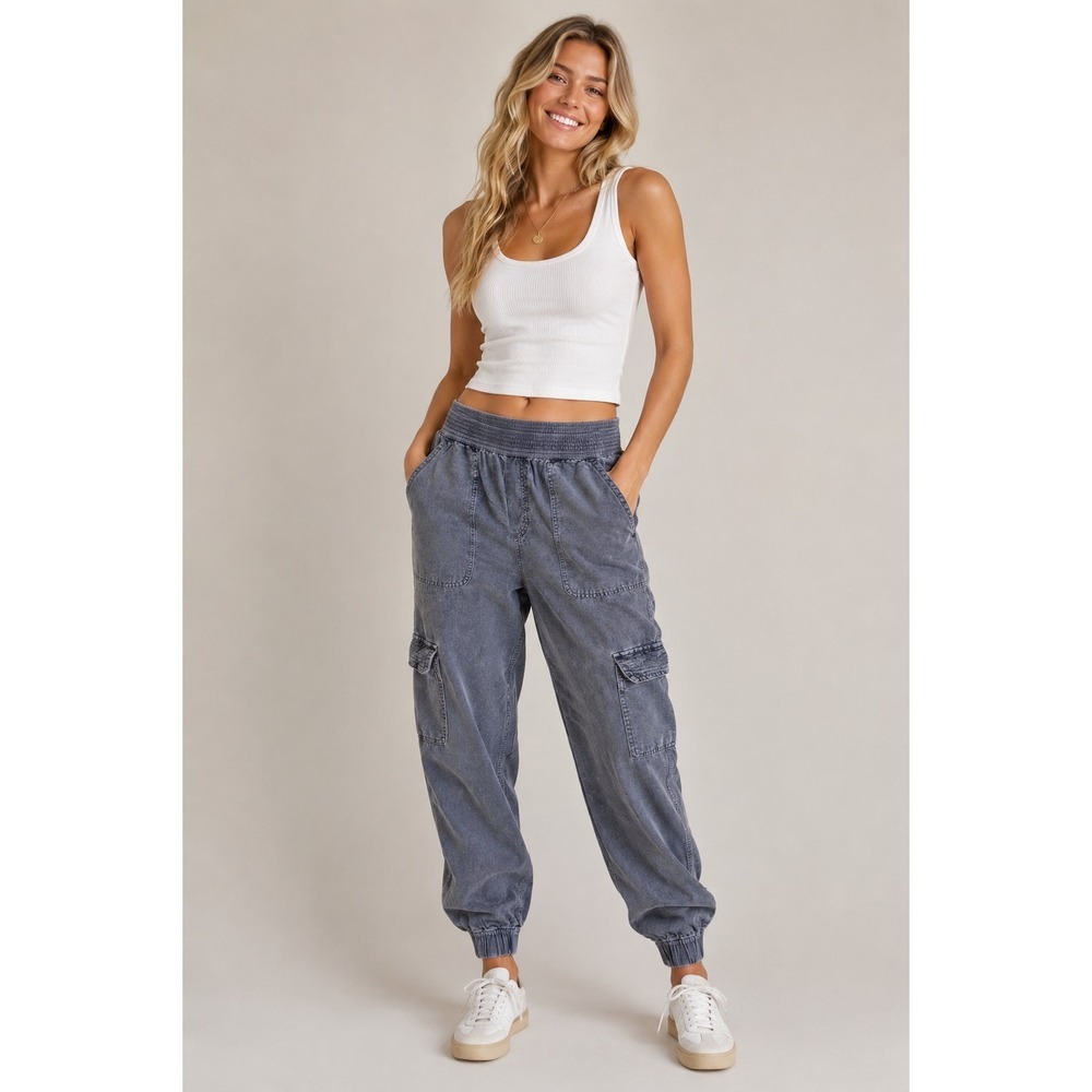 Cynthia Rowley Linen Blend Joggers Cargo Blue Ankle Pants Sz M Medium Casual